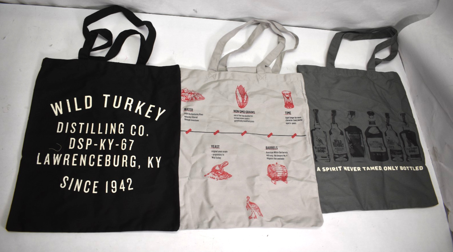 Wild Turkey Reusable Cloth Tote Bags Lot of 3 Black Grey & Dark Grey Shopping