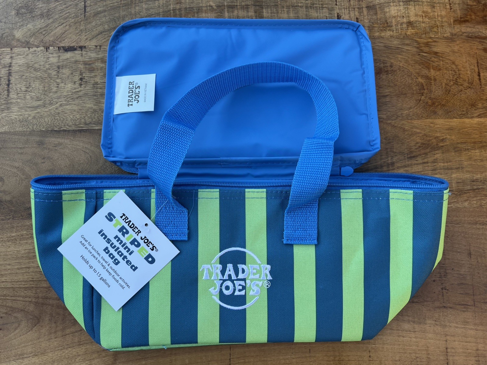 Trader Joe’s Insulated Neon Lime Striped MINI Tote Bag w/ Zipper Top & Handles