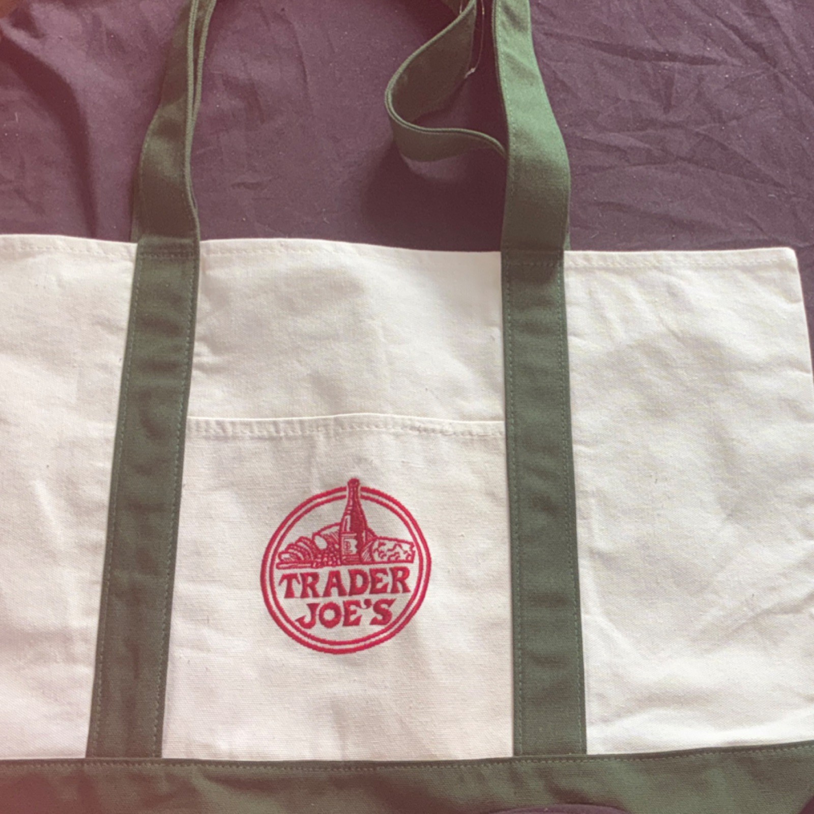 Trader Joe’s Canvas Reusable Shopping Bag White Green Solid Tote
