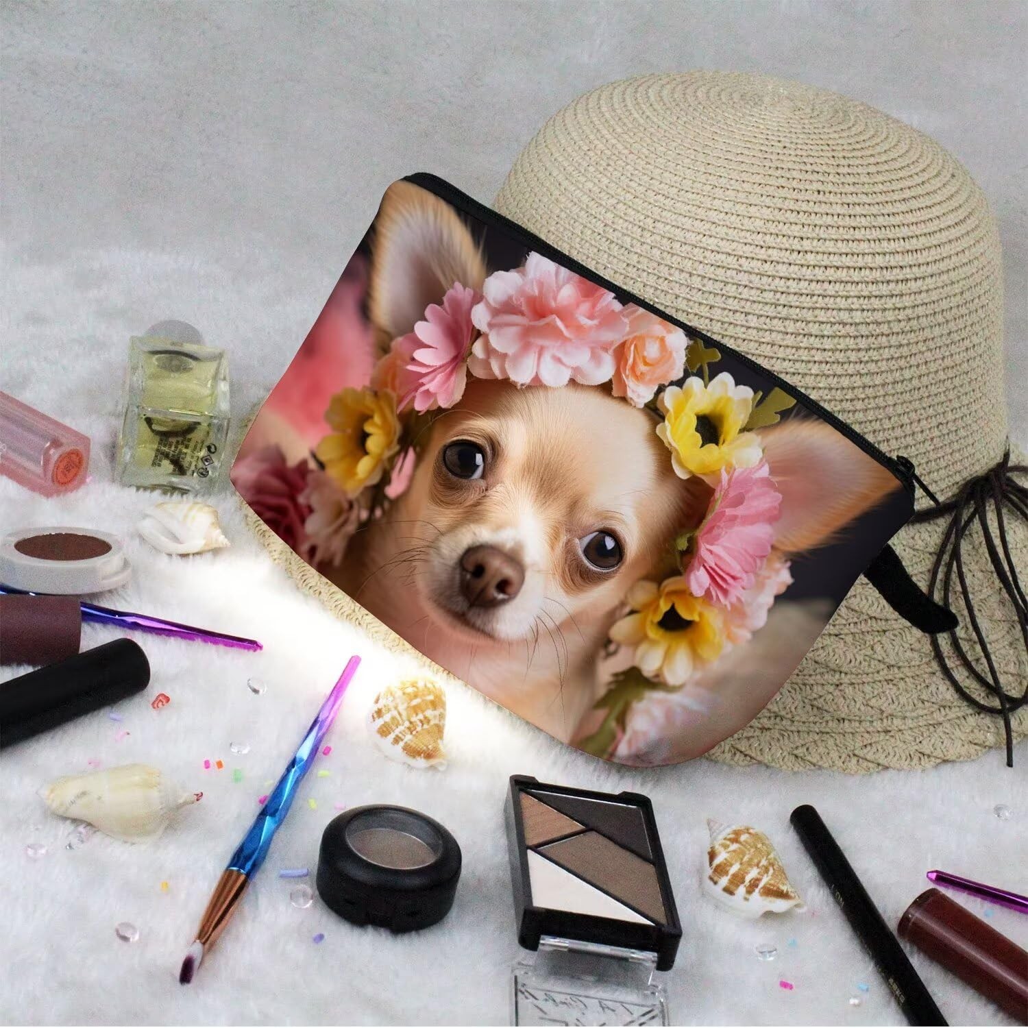 Livel lhood Floral Chihuahua Makeup Bag Cute Small Organizer 02