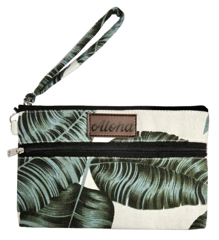 Hawaiian Print Canvas Wristlet Handbags Green Palm Breeze Hawaii Island Aloha N