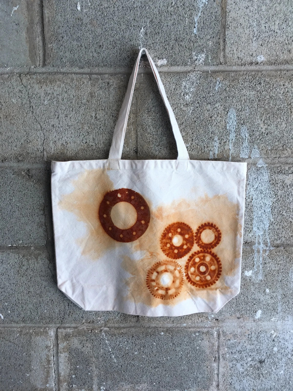 Organic Cotton Farmers Market Tote Bag Rusty Gears Handmade XL 18×14.5 Rust Dyed