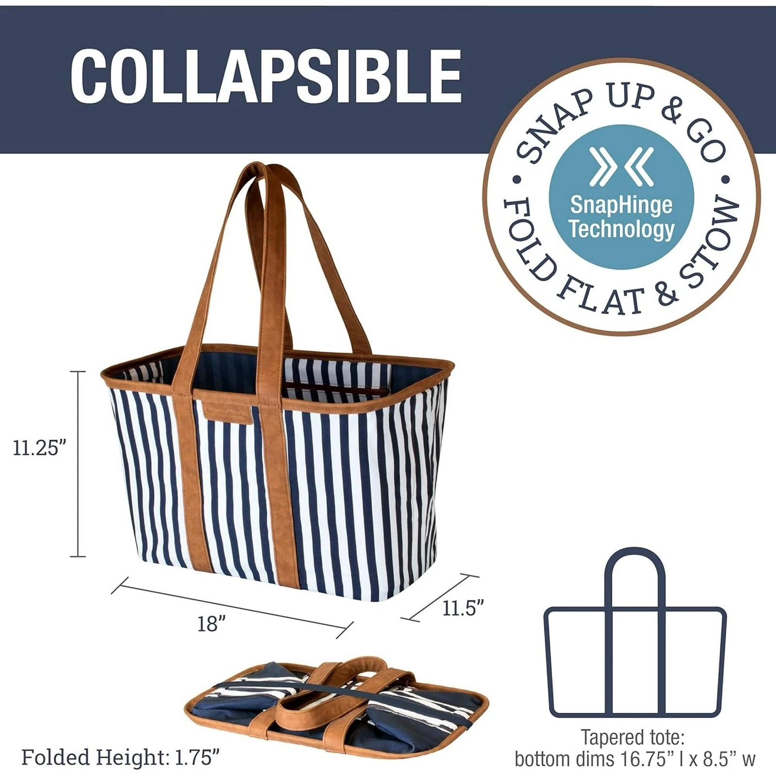 30L Navy Striped Collapsible Utility Tote Bag Reusable Organizer for Travel S…