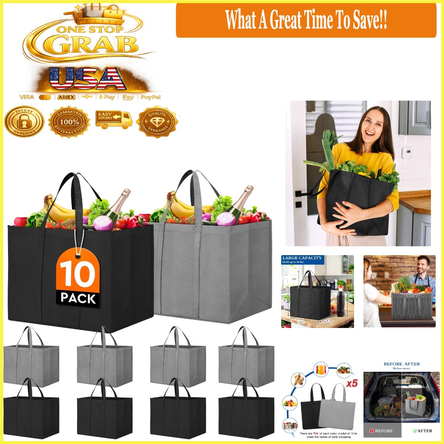 10 Pack Reusable Grocery Tote Bags Large Foldable Eco Produce Bags Grey Black