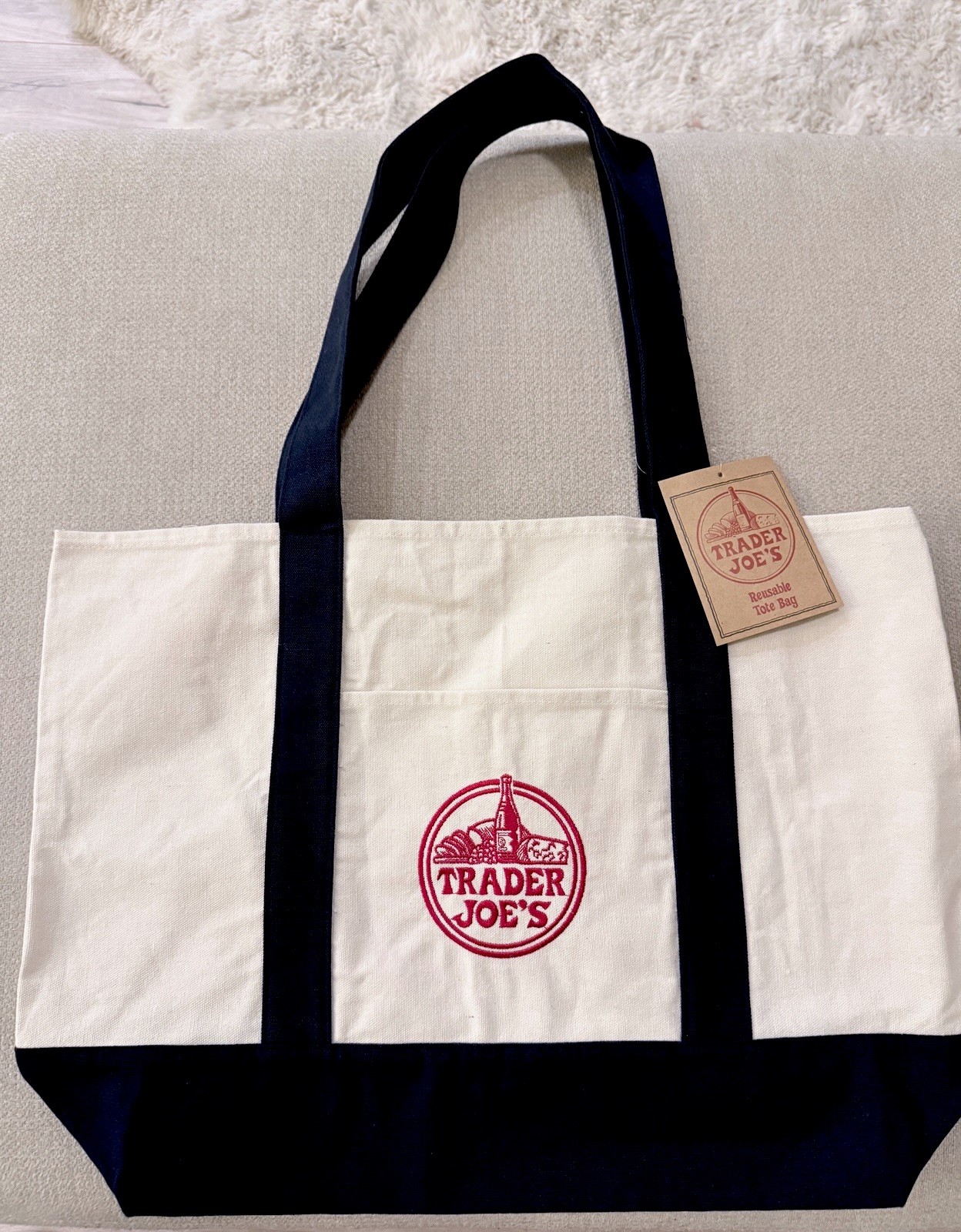 Trader Joe’s Canvas Reusable Tote Bag White/Blue 20x14x12 in New