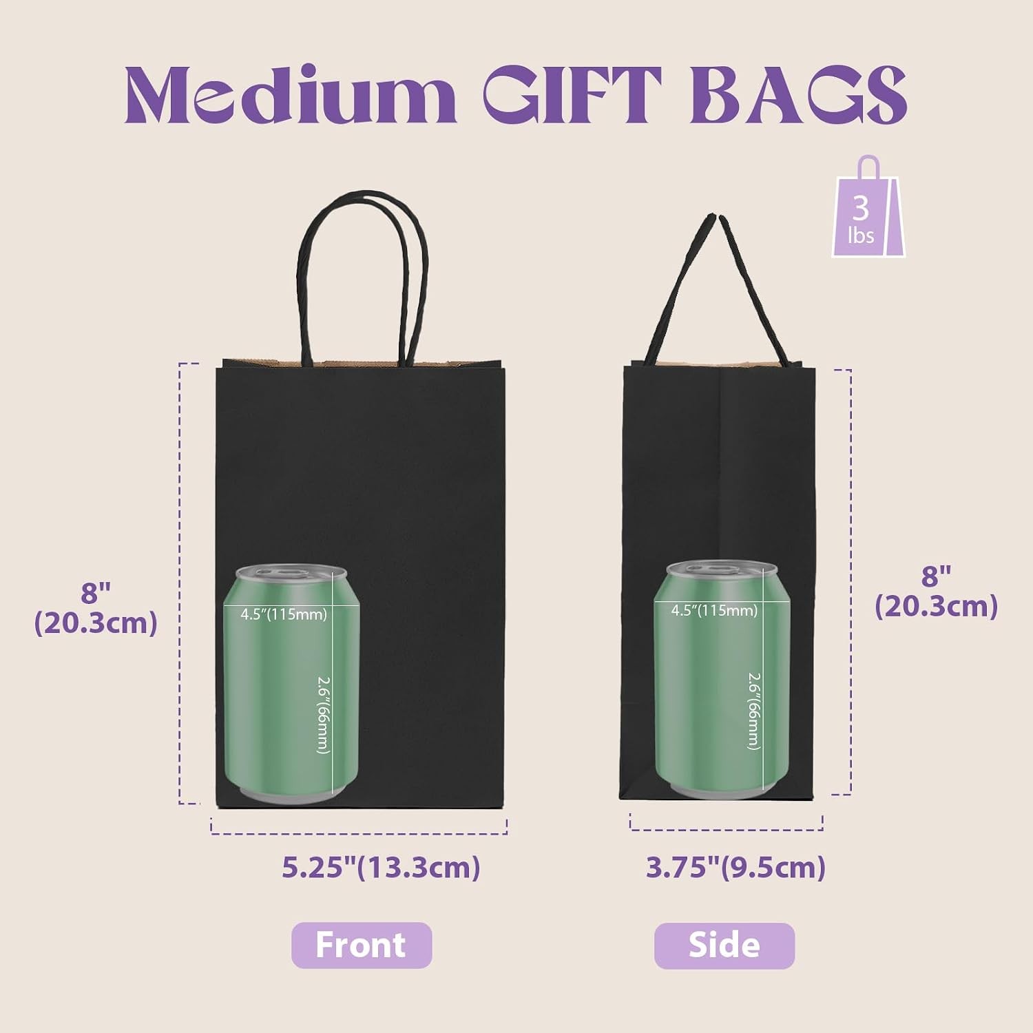 Black Paper Bags 5.25×3.75×8 Inch 20pcs Small Paper Kraft with Handles