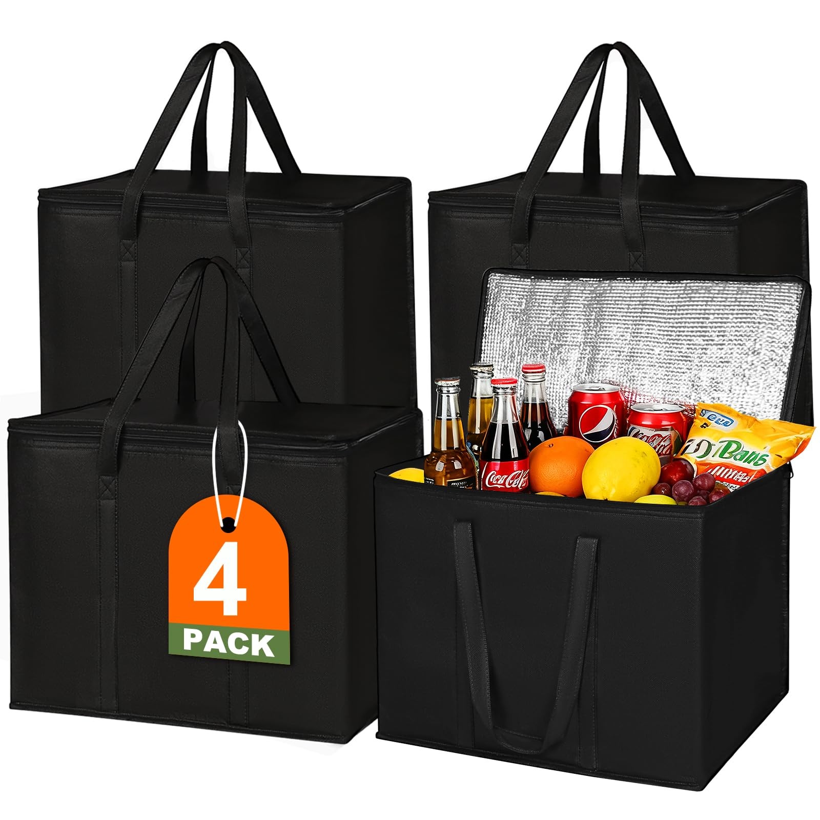 4 Pack Insulated Reusable Grocery Shopping Bags with zippered top,Food Delive…