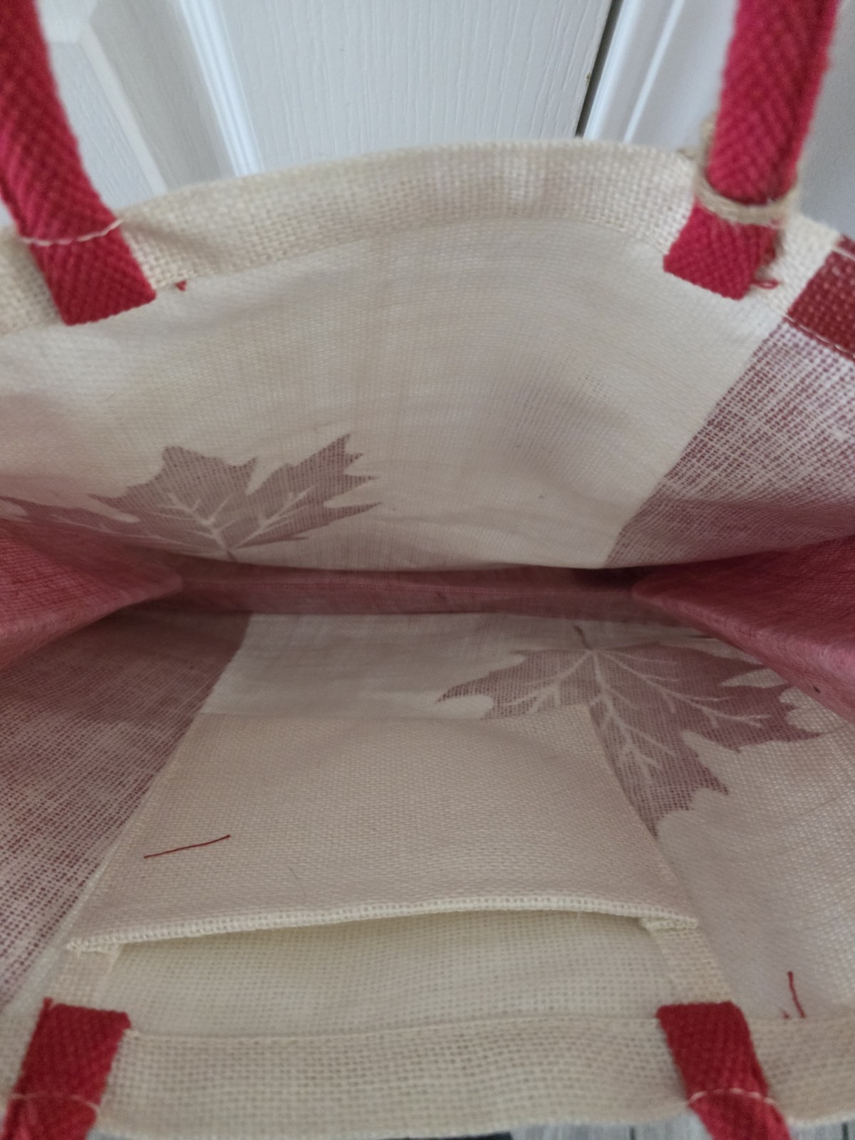 Magenta Eco-Friendly Jute Canada Leaf Reusable Shopping Bag Red Beige