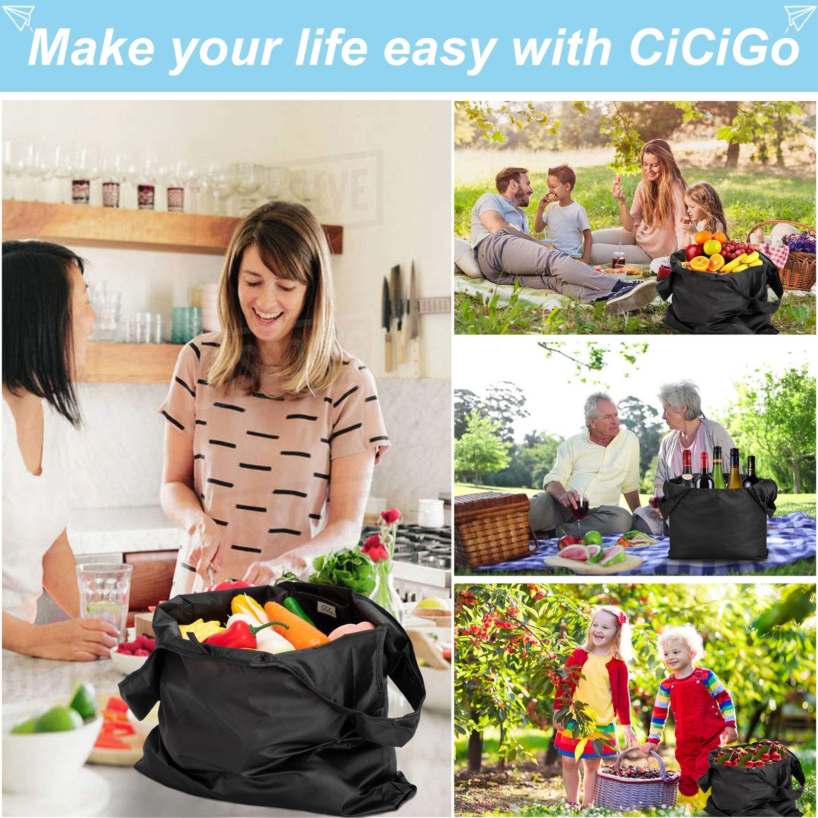 6 Pack Large Black Reusable Shopping Bags Washable Foldable Grocery Tote