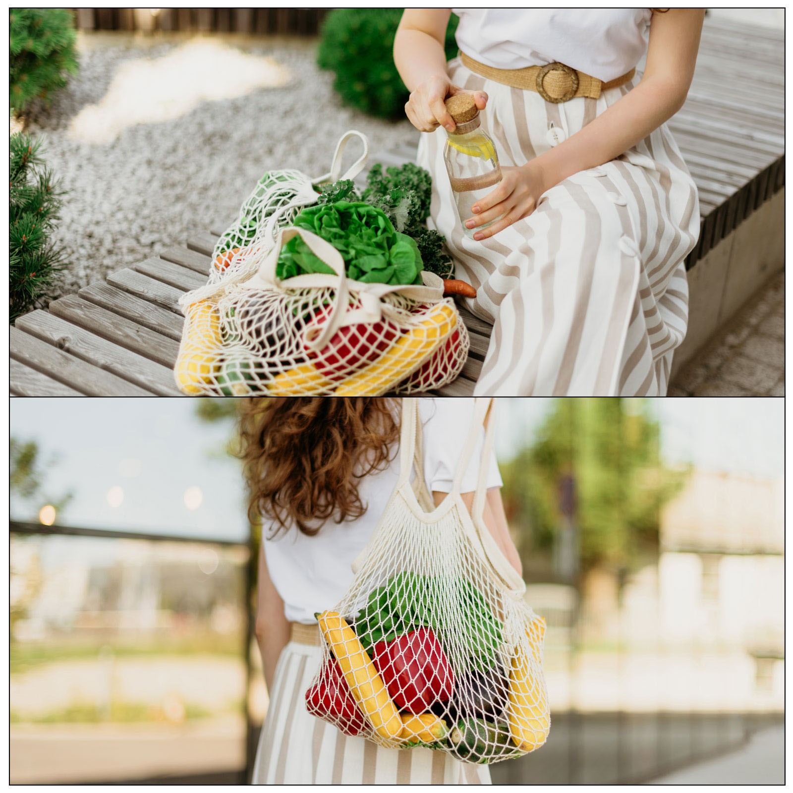Cotton Mesh Bag 15×13.8″ Mesh Net String Grocery Bags Beige White