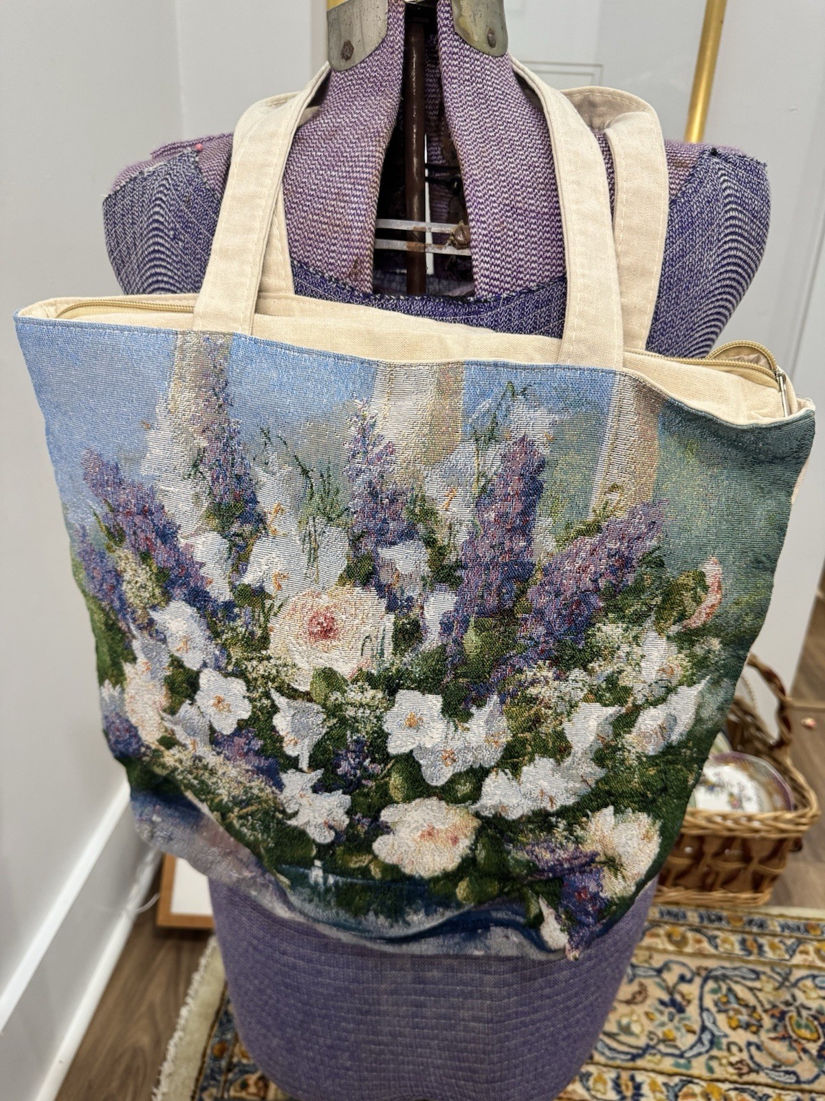 Floral & Nature Fabric Tote Bag, Multicolor, Zip Closure, Inner Pocket