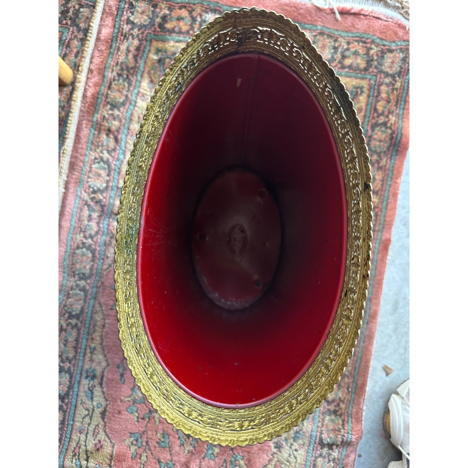 Vintage Hand Painted Trash Can Metal pagoda Chinoiserie tole burgundy red gold