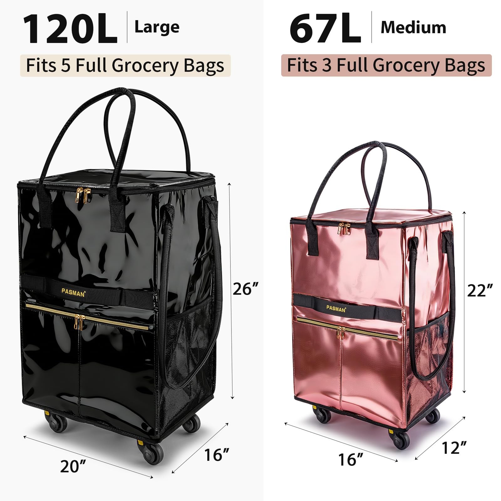 Reusable Grocery Bag on 5 Wheels, Foldable Rolling Tote Bag with Handle and Z…