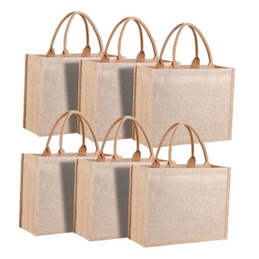 6 pcs Reusable Jute&Canvas Tote Bags Bulk with 15.1 x 11.8 x 5.5 inch Nature