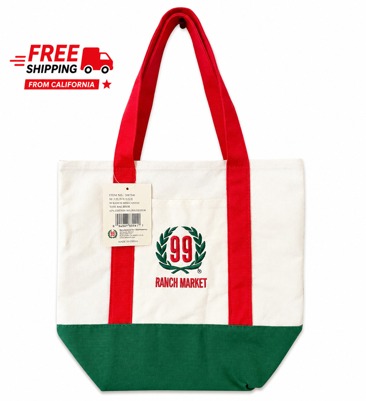 99 Ranch Market Canvas Tote Bag Red White Green Embroidered Logo NWT Reusable