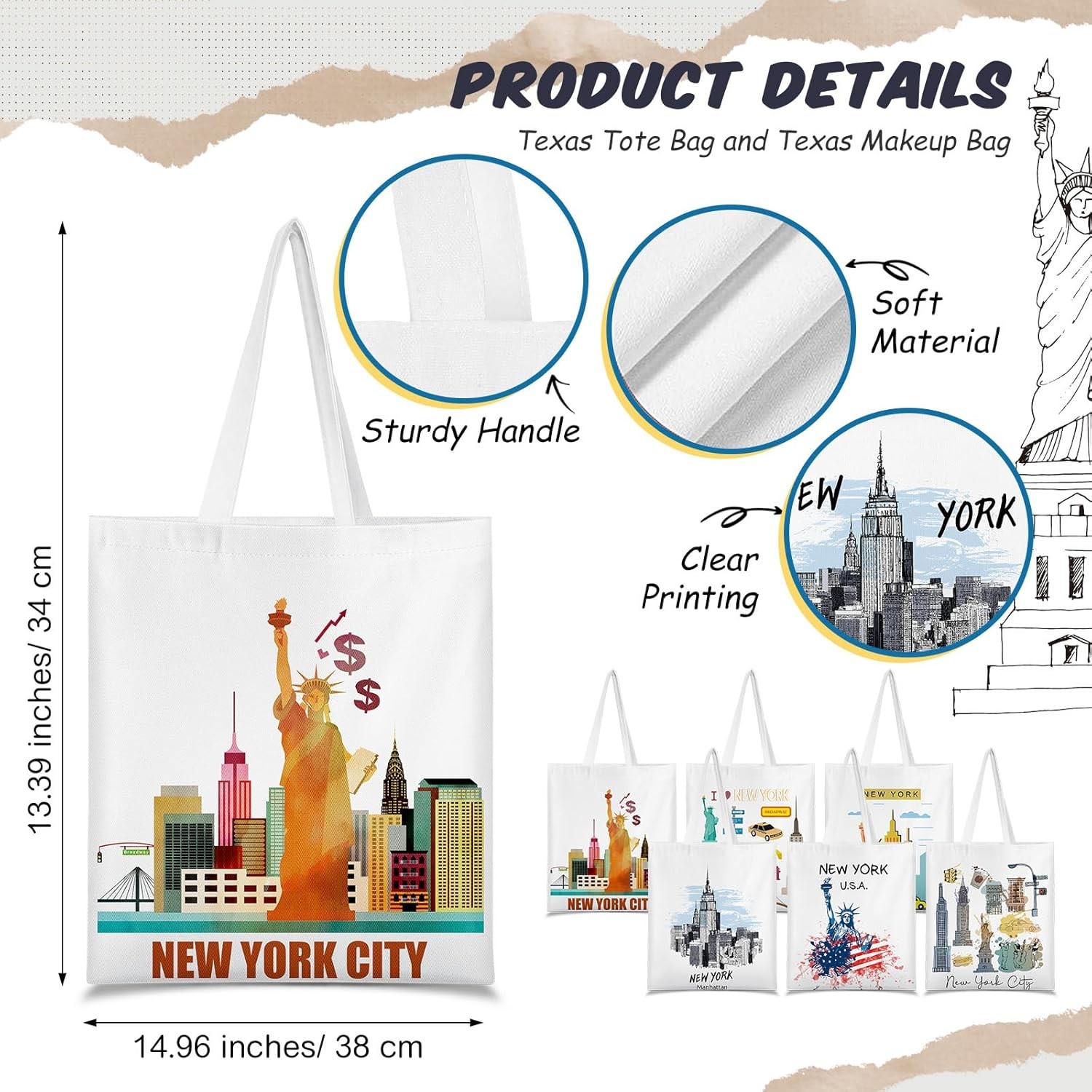 6 Pcs New York Souvenir Gifts Tote Bags Canvas City Themed Grocery Shopping Bag