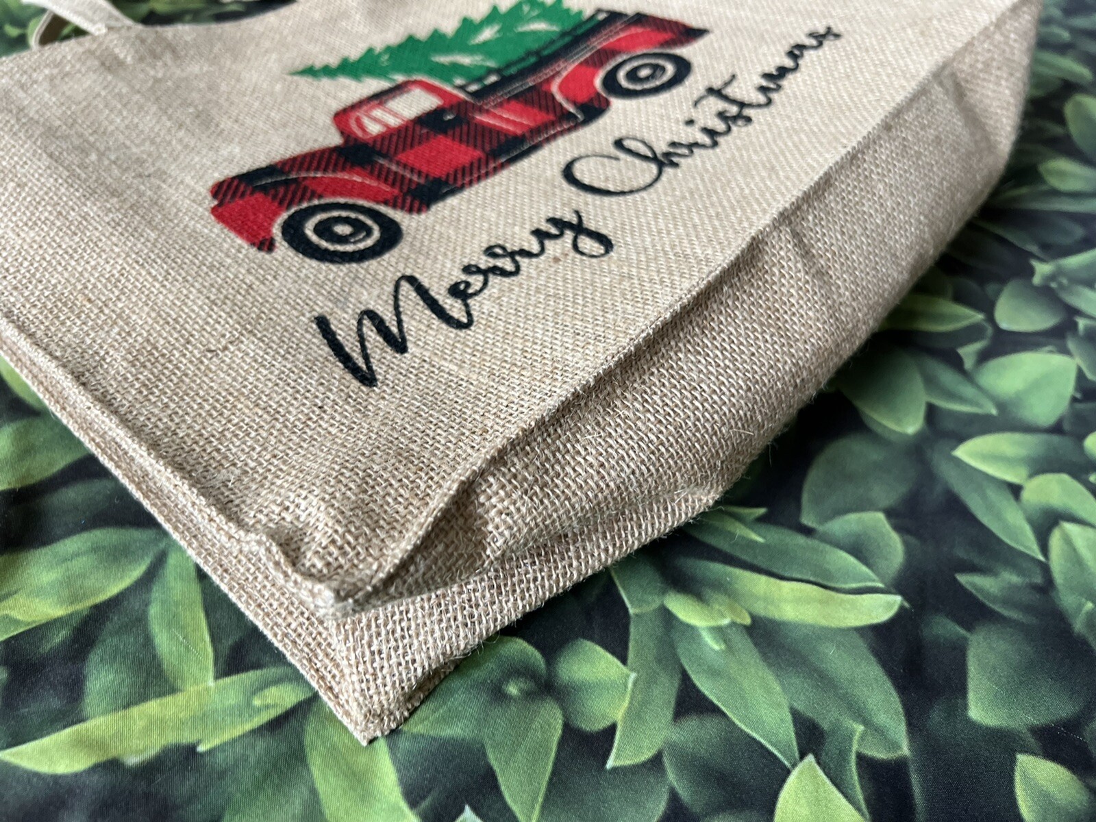 New Country Farmhouse Rustic VINTAGE RED TRUCK MERRY CHRISTMAS Burlap Tote Bag