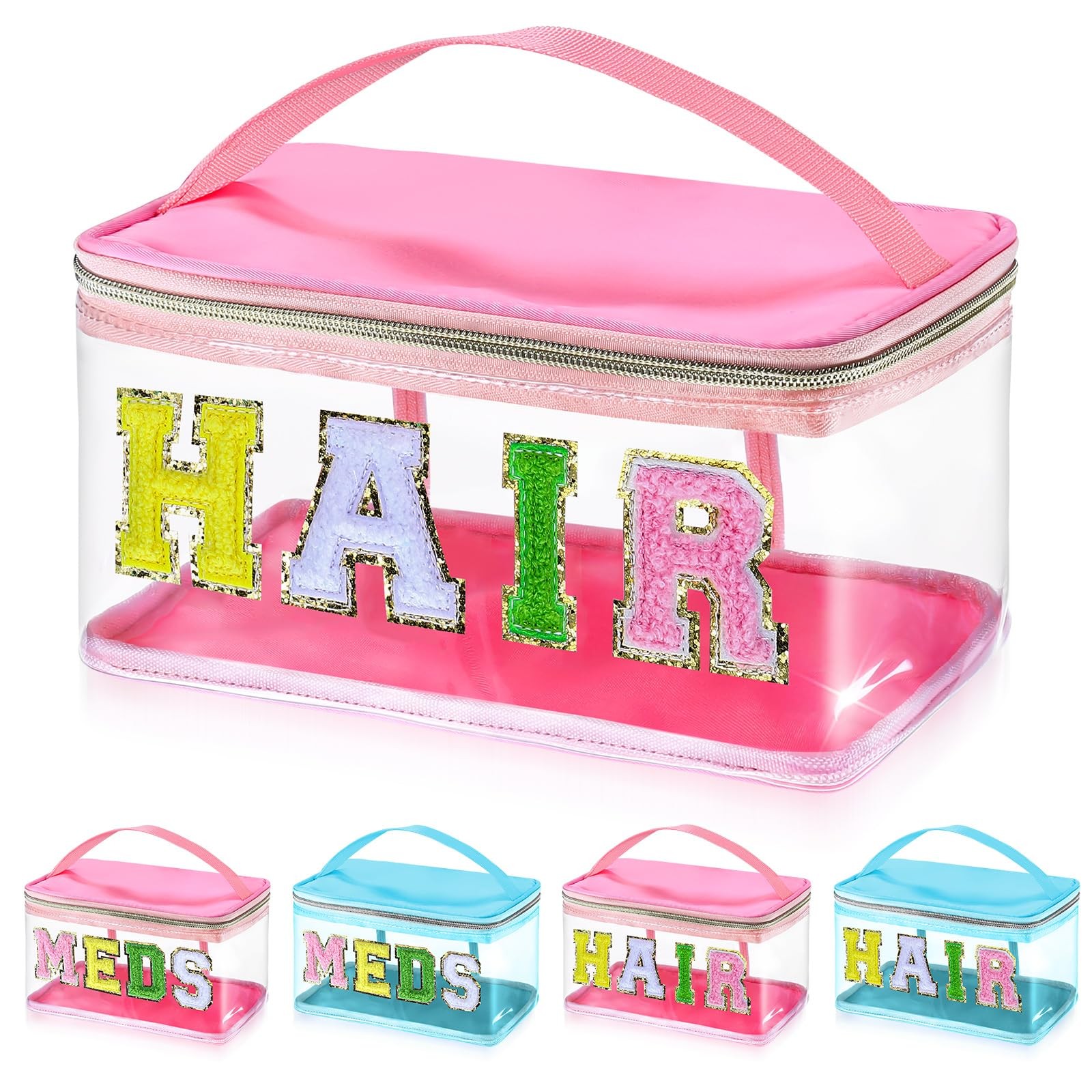 libfrnt Chenille Letter Clear Makeup Bags, Preppy Pink Hair Bag