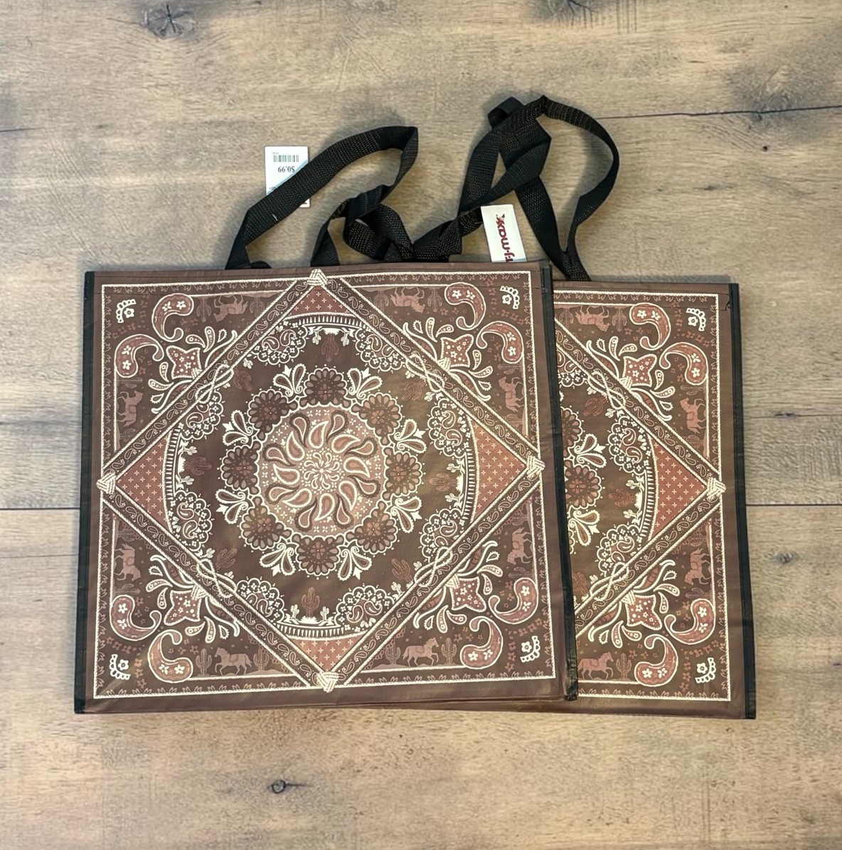 2-Reusable Shopping Tote-shoulder Bags-Bandana-Paisley-Horse-Cactus-Rope-Western