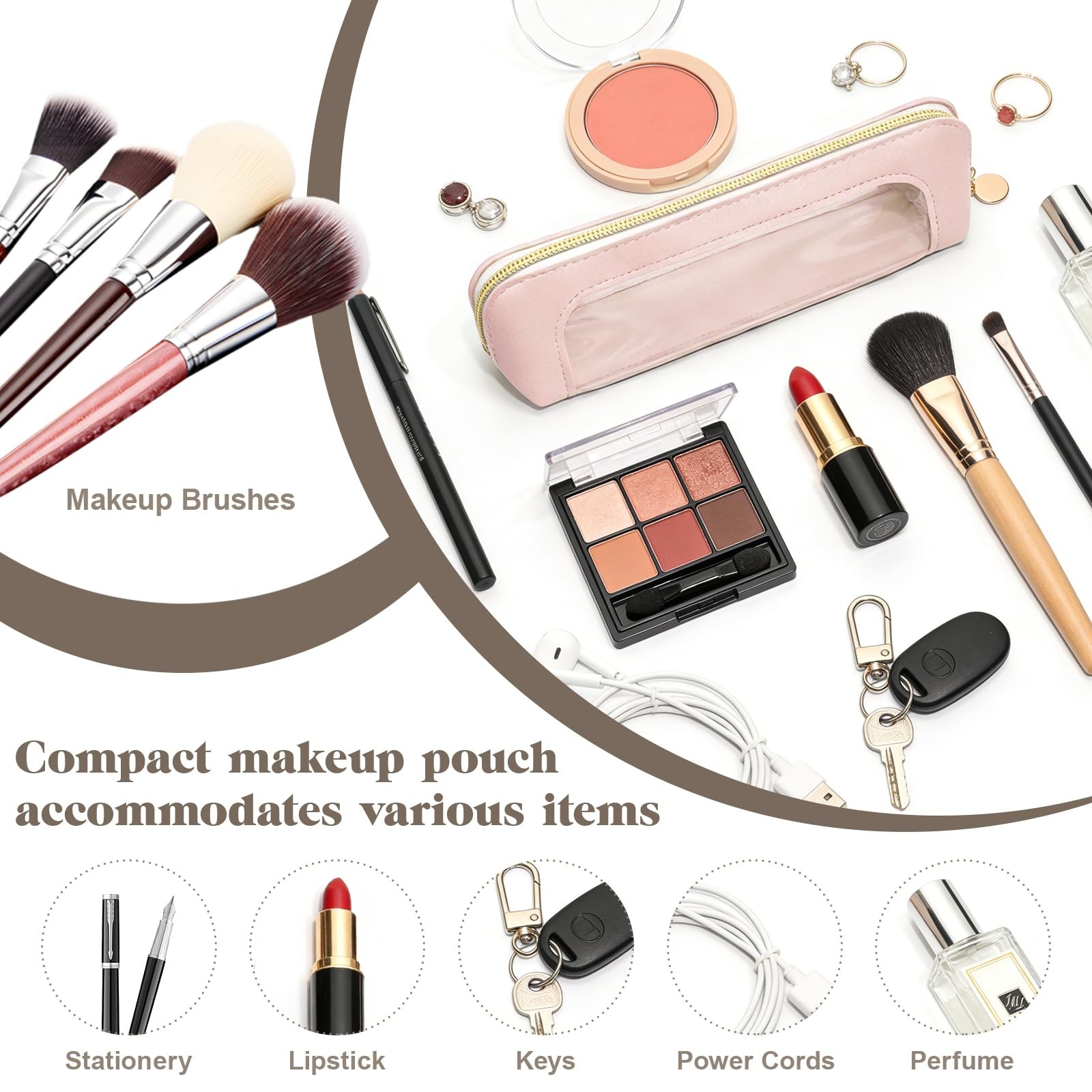 Ayzylpth Small Clear Makeup Bag, Pink PU Leather Travel Brush