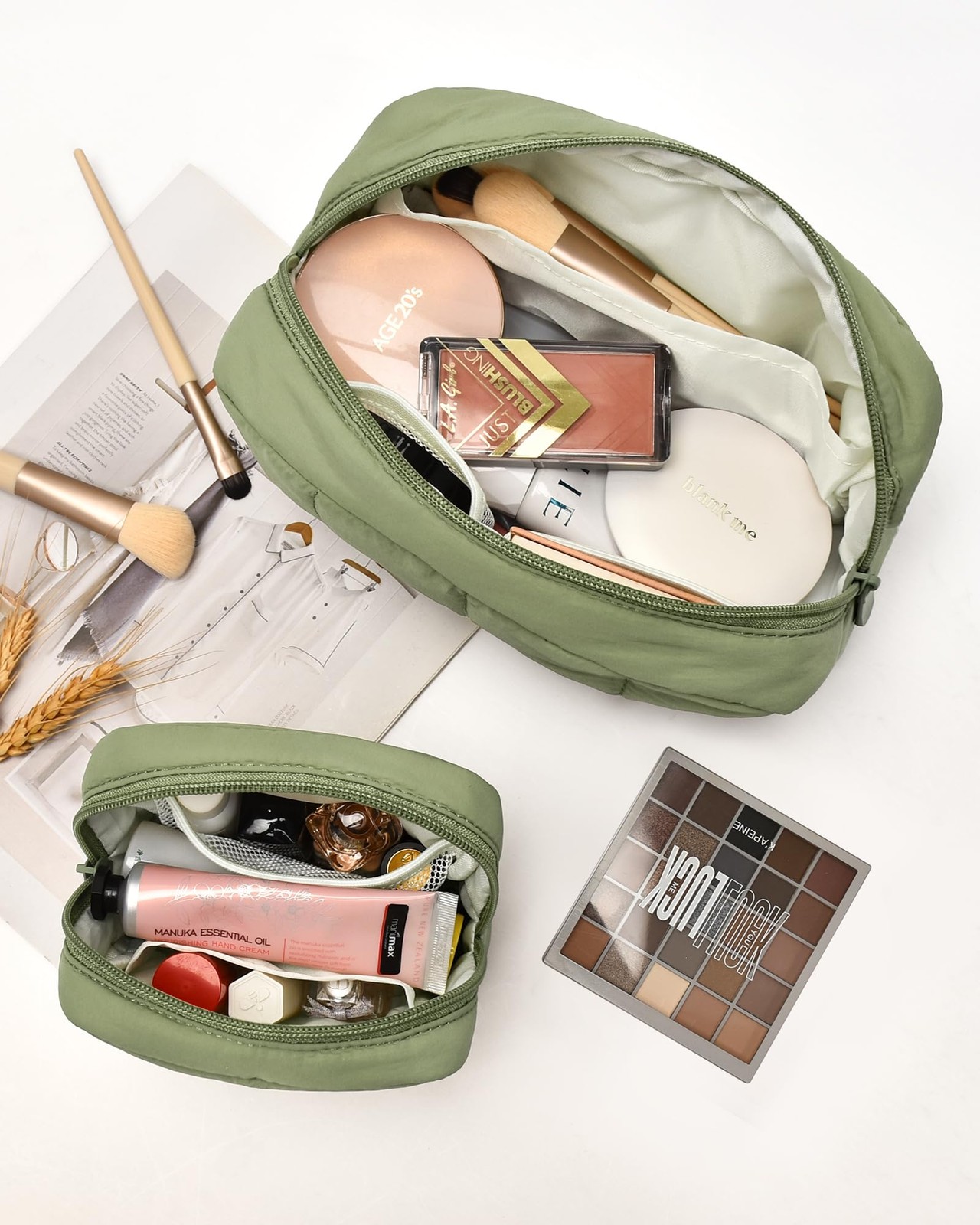 oscaurt 2 Pcs Makeup Bag Travel Toiletry for Women Puffy Army Green-Set