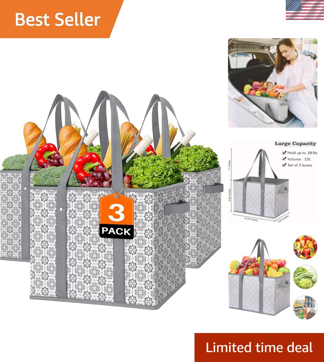 Reusable Grocery Bags [3 Pack],Large Grocery Tote Bag Water Resistant Shoppin…