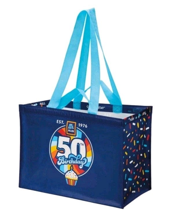 ALDI XL Reusable CLICK AND STAY 50th Birthday Shopping Bag & Quarter Keychain