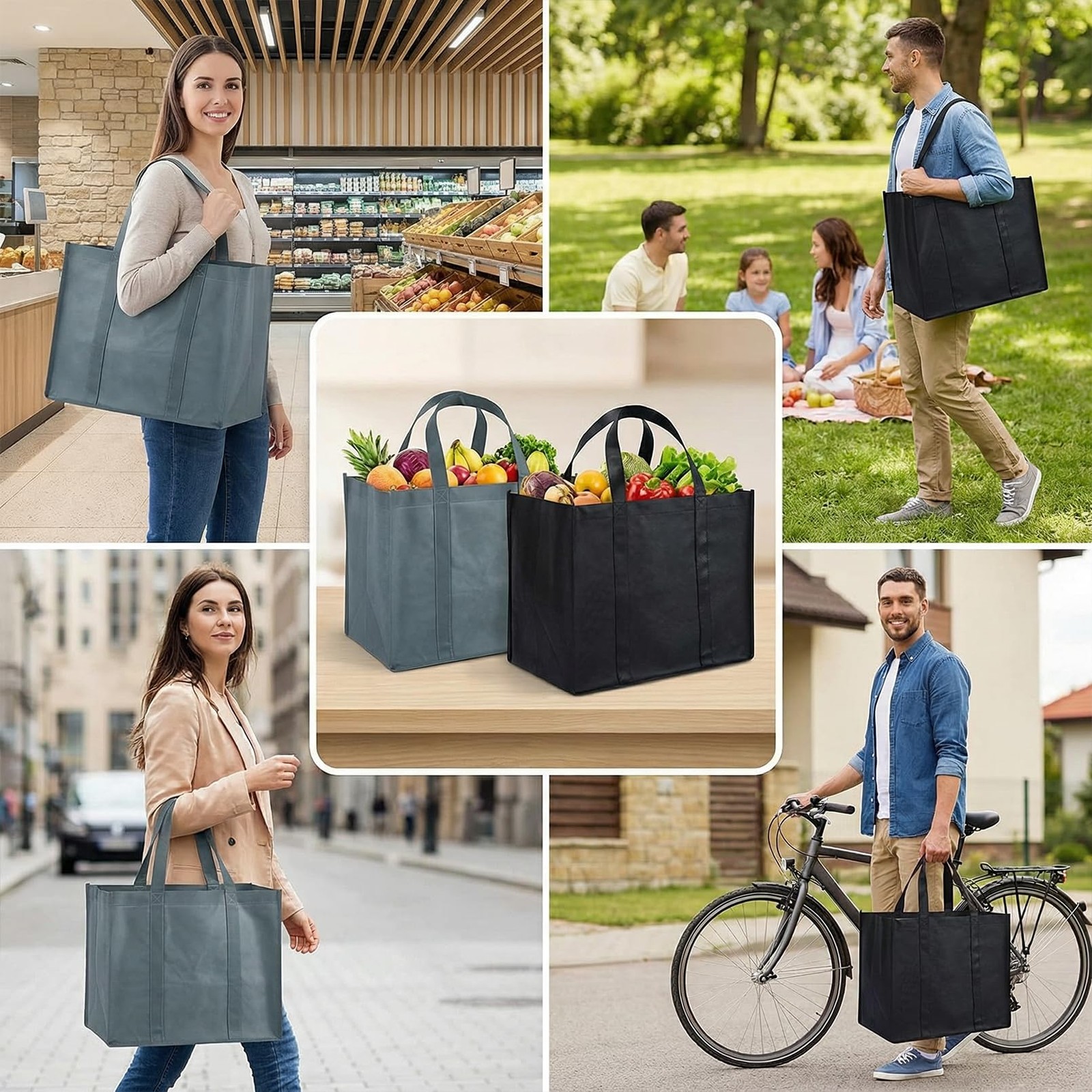 PUREZON 12 Pack Reusable Grocery Bags, Large Foldable Shopping Gray, White