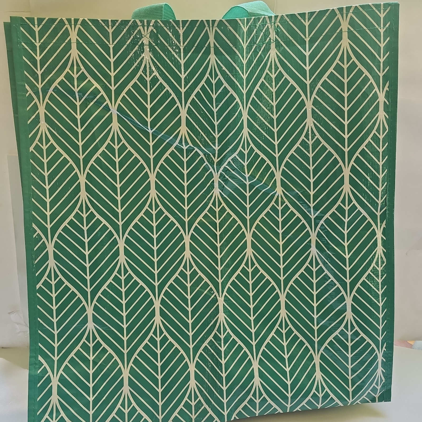 DG Reusable Shopping Tote Bag Size 6x18x19″ Teal Green White Geometric Large