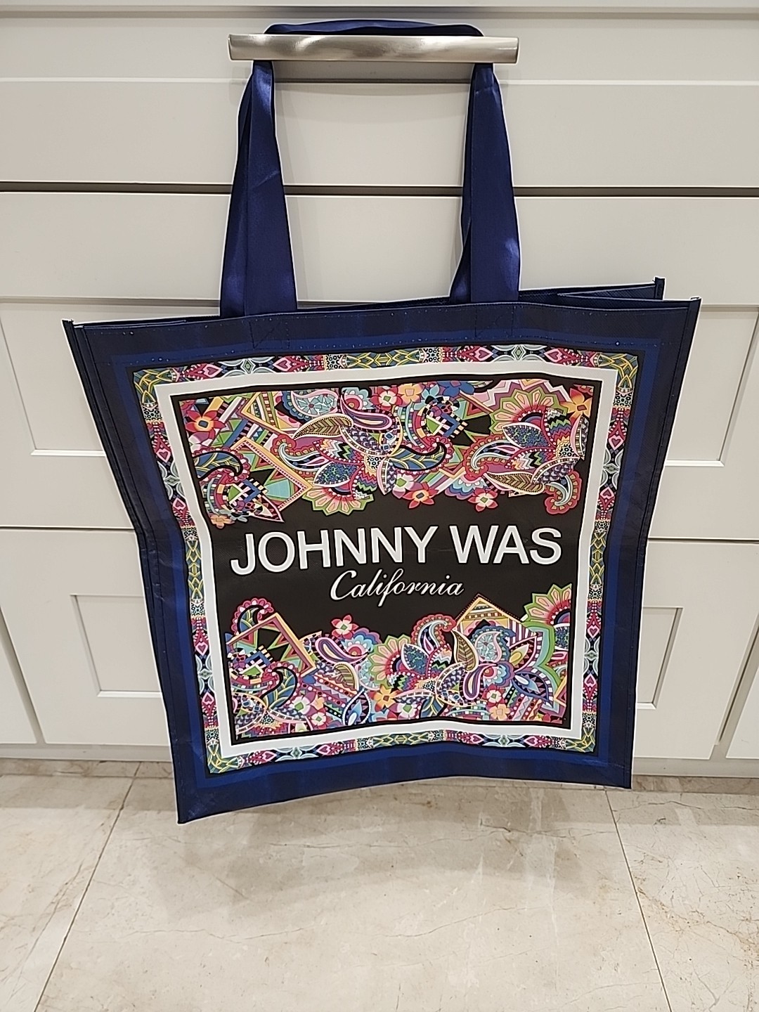 NEW Johnny Was Large Shopping Tote Bag Blue Paisley Folds Flat Travel NWOT