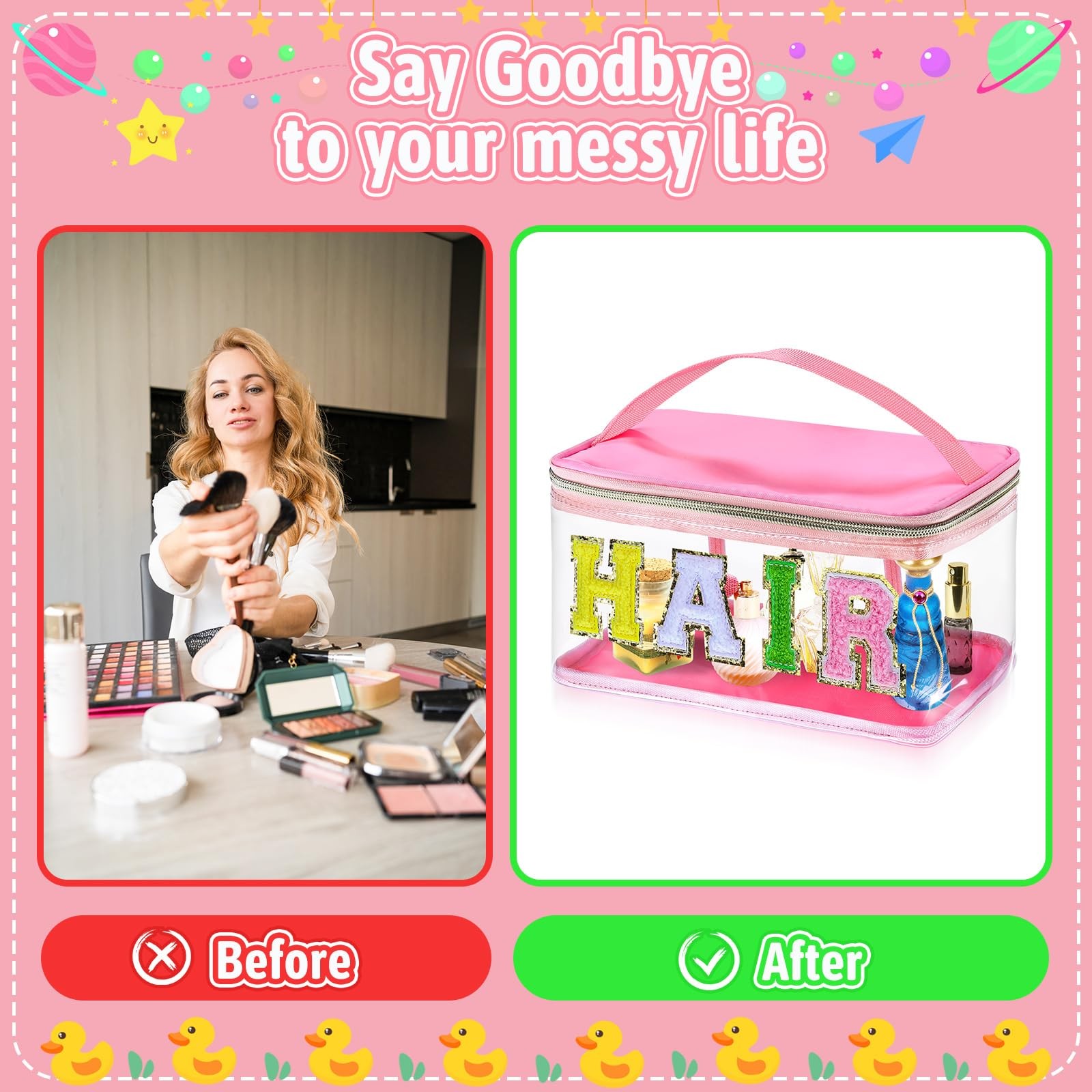 libfrnt Chenille Letter Clear Makeup Bags, Preppy Pink Hair Bag