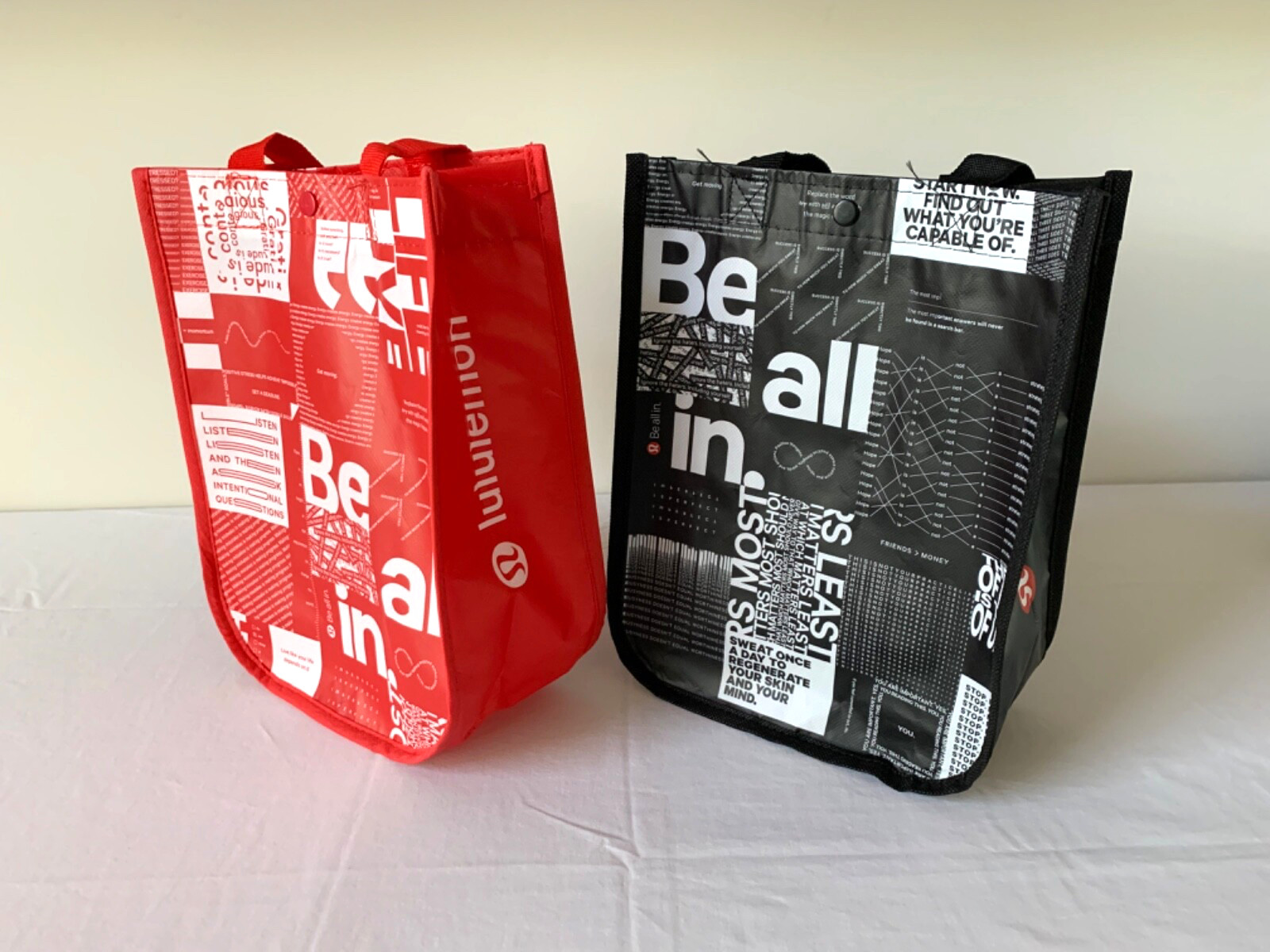 Lot of 2 Lululemon Reusable Shopping Bags 1) Red 1) Black with Snap / Handles