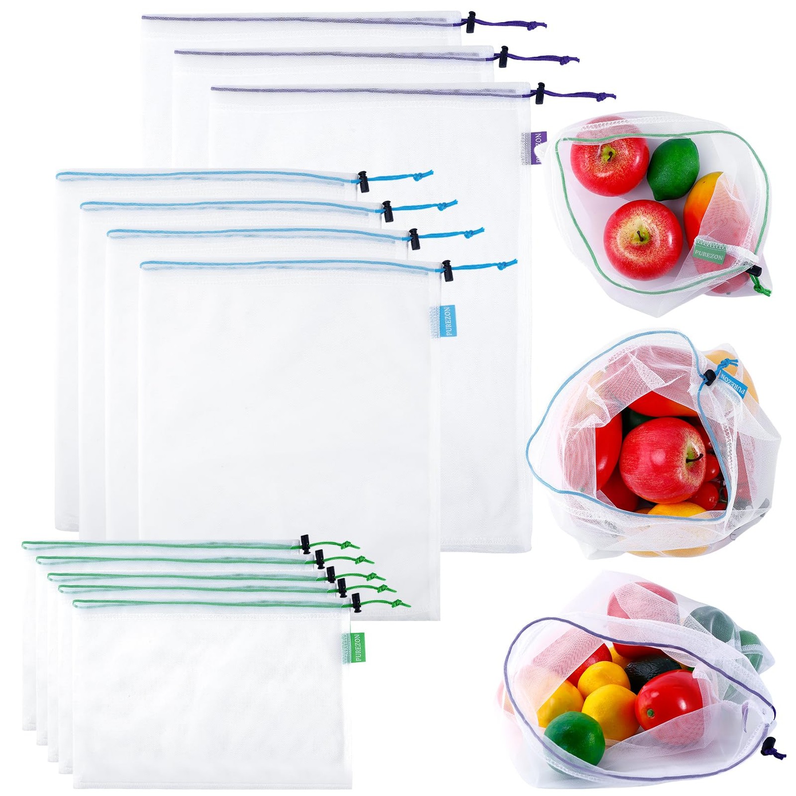 12 Pack Reusable Produce Bags, Heavy Duty Washable Mesh Grocery Bags with Dra…