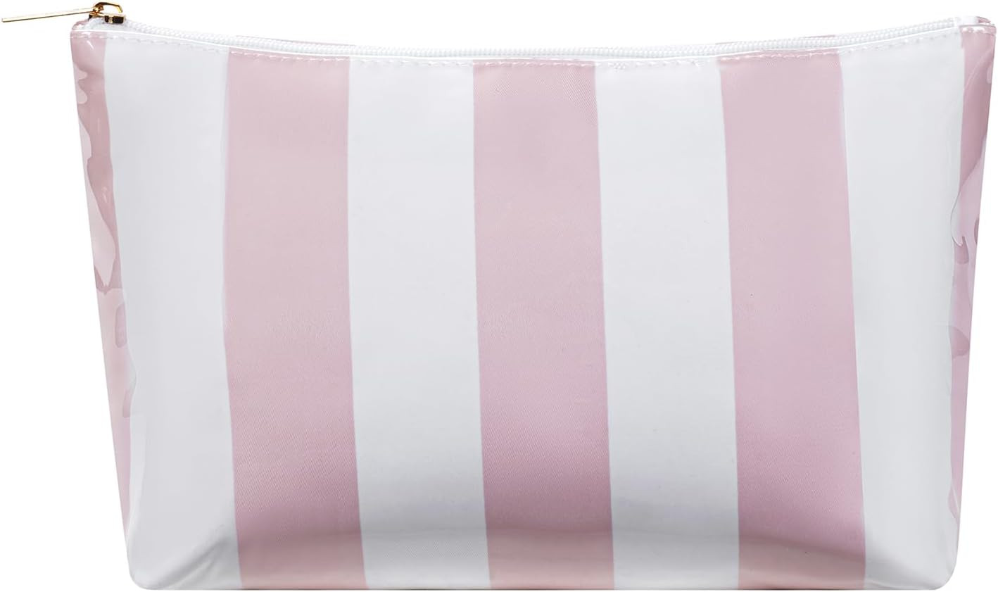 Large Waterproof PVC Beach Pool Makeup Bag with Pink Striated, Cute Cosmetic Acc