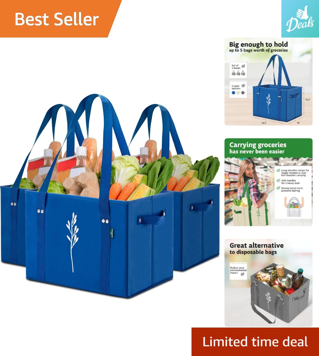 Durable Reusable Shopping Tote Bags – 3 Pack, 65 lb Capacity, Easy to Clean