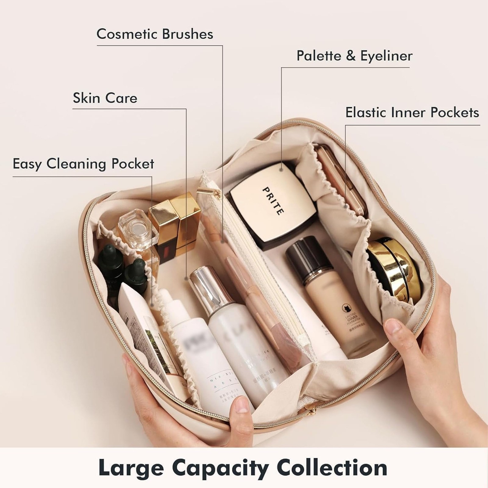 Prite Makeup Bag for Women Travel Waterproof Vegan Leather Medium, Beige