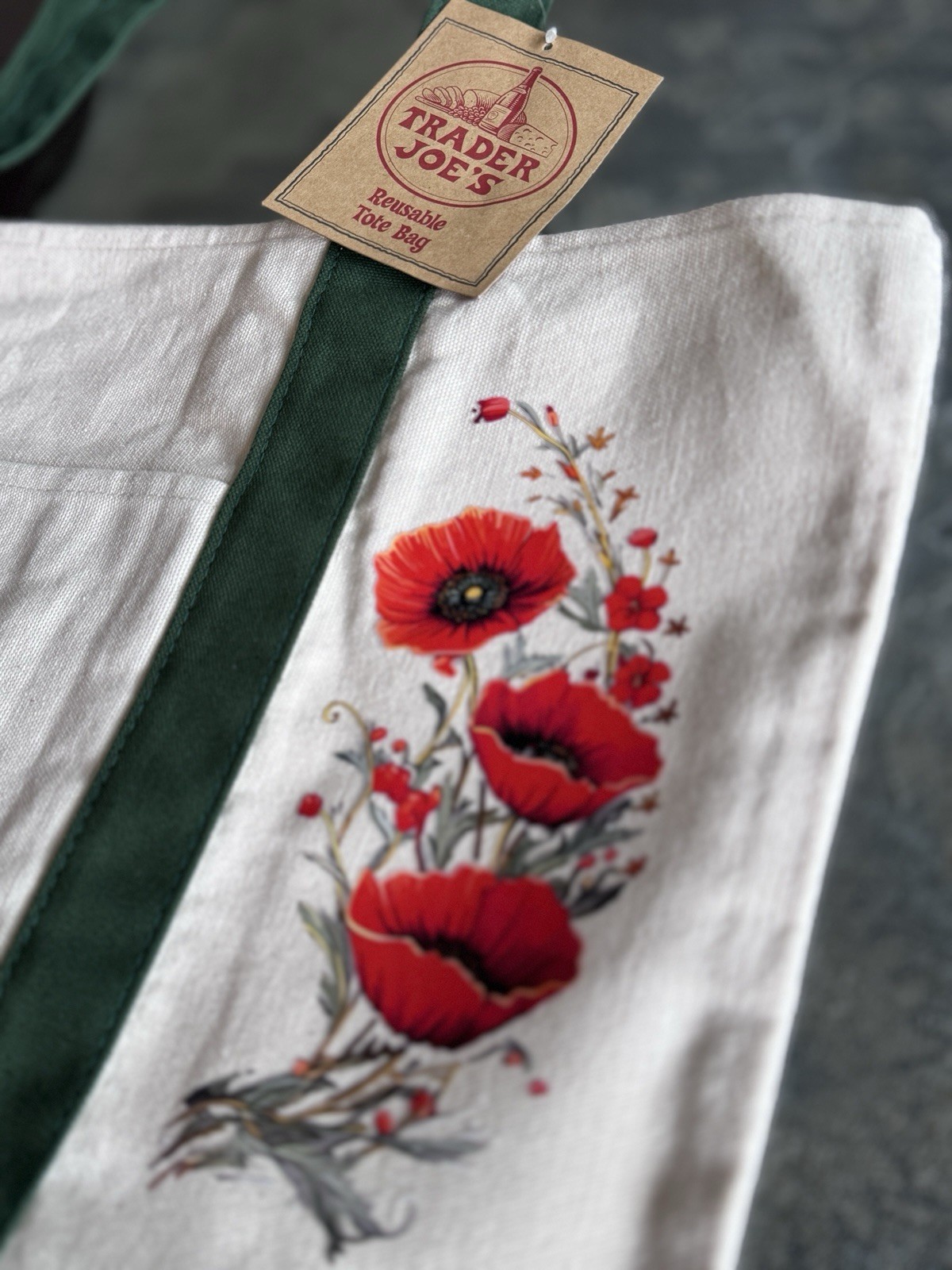 Trader Joe’s Canvas Reusable Shopping Bag Foldable Floral Beige Green Red