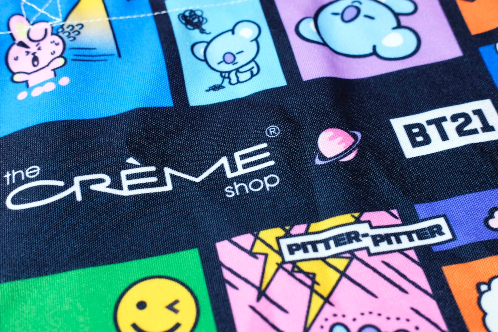 BT21 Graphic Tote Bag The Creme Shop Black Reusable Shopping Bag BTS
