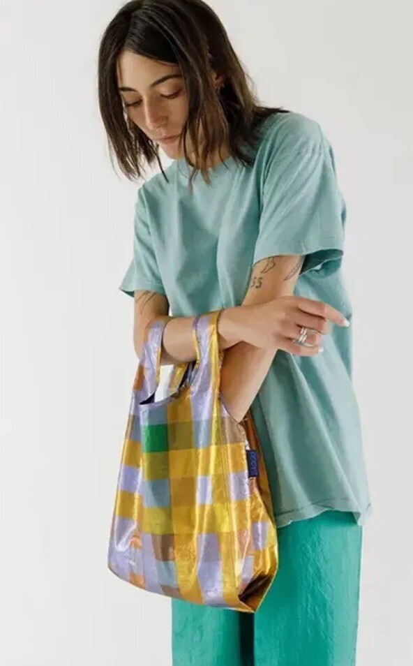 Set Of 2 BAGGU Baby Reusable Bag MADRAS METALLIC Plaid Purple Gold Tote NWT
