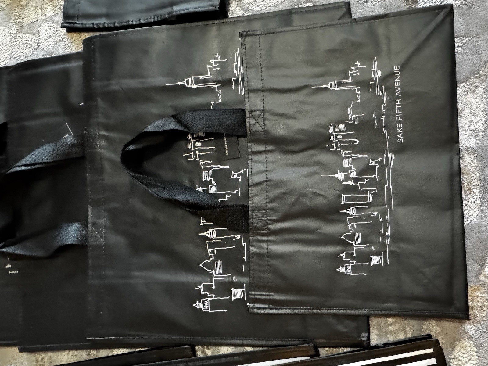 Saks Fifth Avenue Foldable Reusable Shopping Bags Black White Striped Cityscape