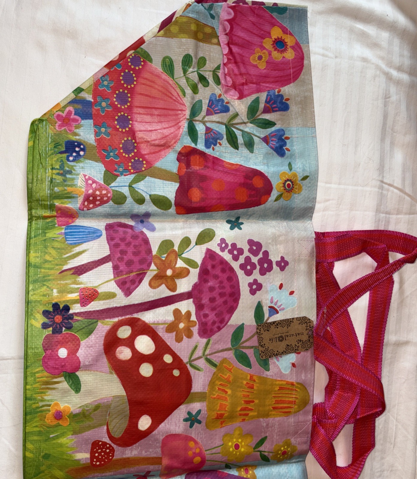 NATURAL LIFE Mushrooms Flowers Colors Boho XL Reusable Tote Bag Live Happy NWT