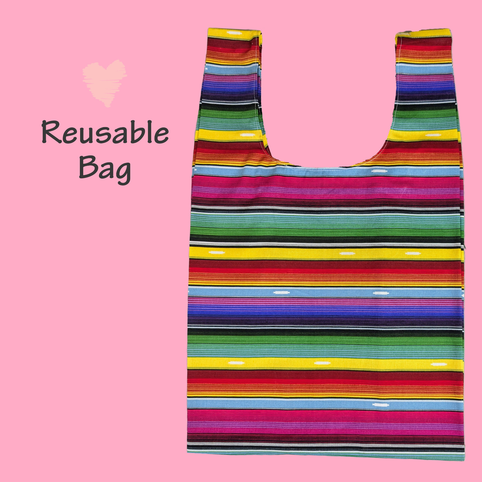 Handmade colorful sarape reusable foldable cotton grocery bag