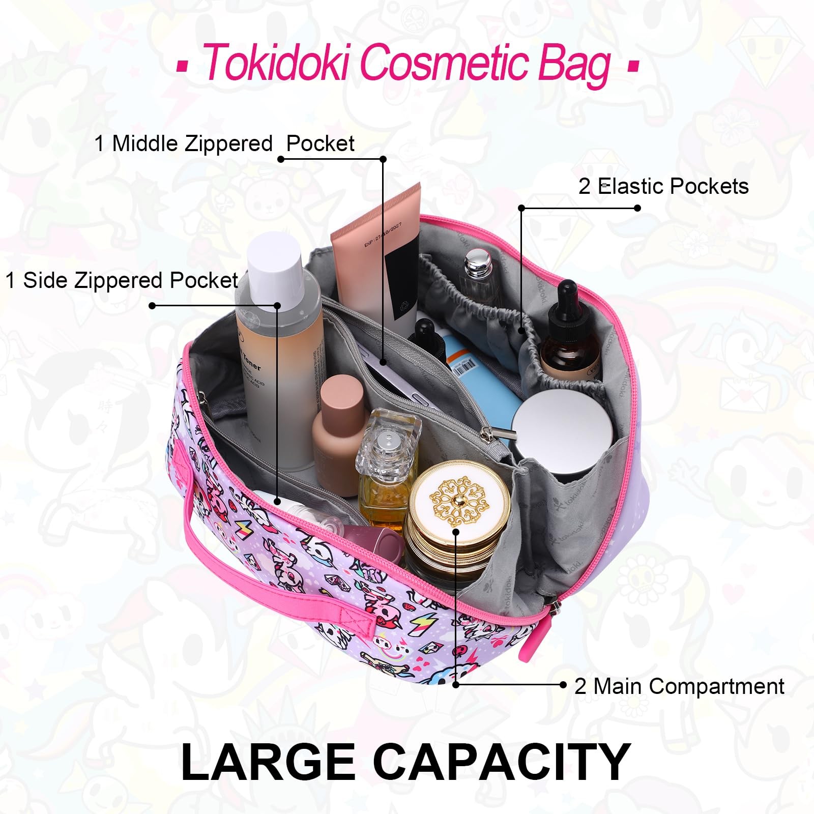 tokidoki Lay Flat Makeup Bag,Large Capacity Unicorno Travel Bag Pink