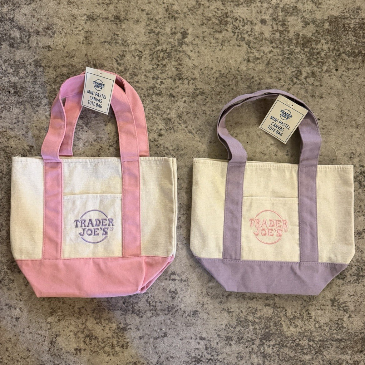 Trader Joe’s Mini Pastel Canvas Tote Bags Set of 2 Pink Purple Beige Logo