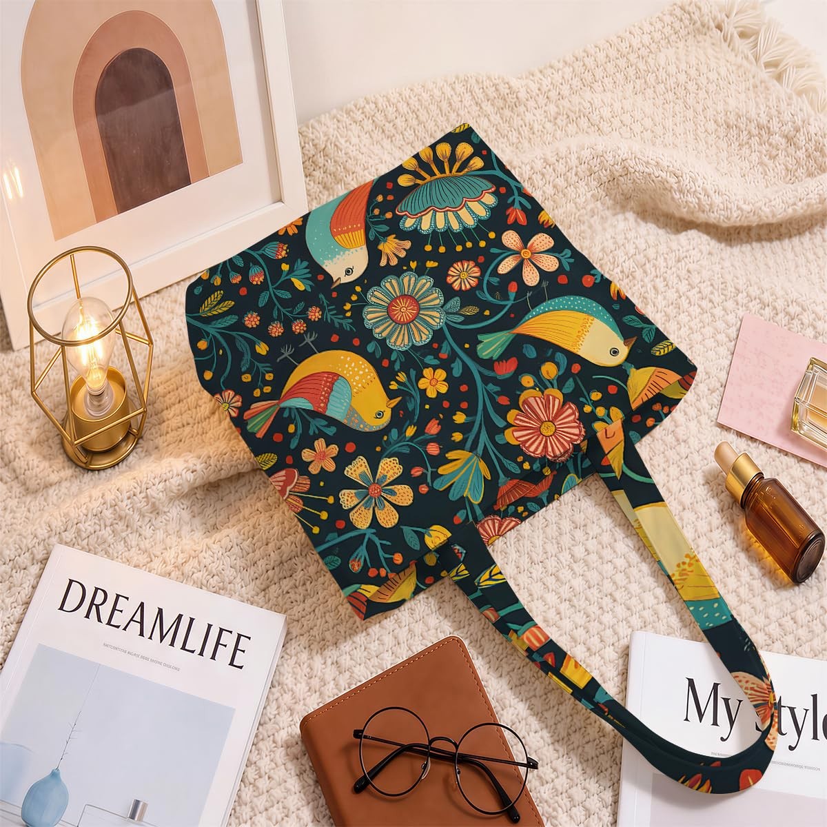 Aesthetic Bird Flower Canvas Tote for Women – Reusable, Gift, Daily Shoulder Bag