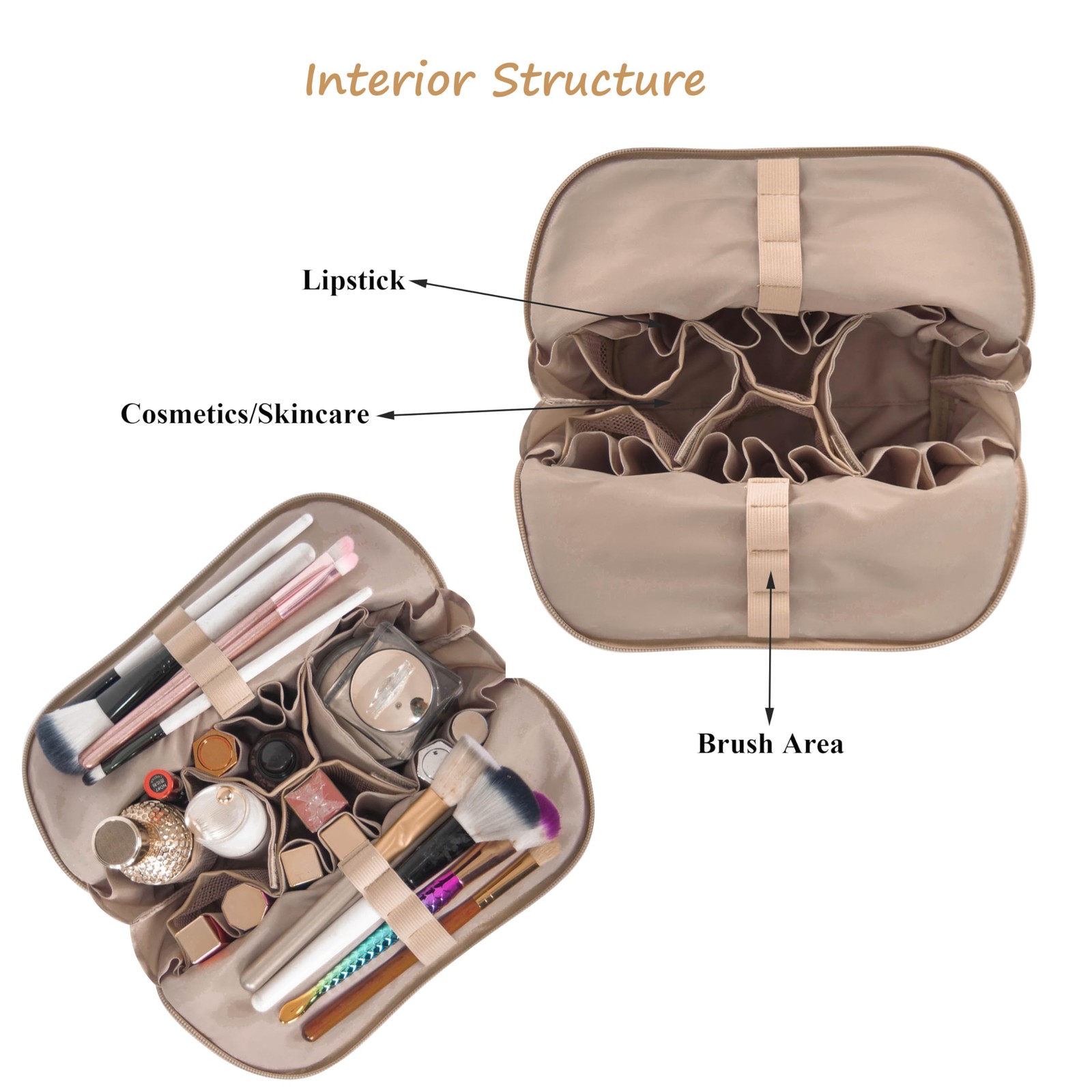 Tense Edano Travel Makeup Bag for Women, Waterproof Stand Up Medium, Camel