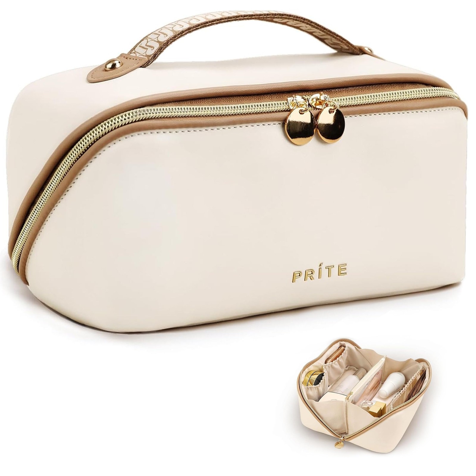 Prite Makeup Bag for Women Travel Waterproof Vegan Leather Medium, Beige