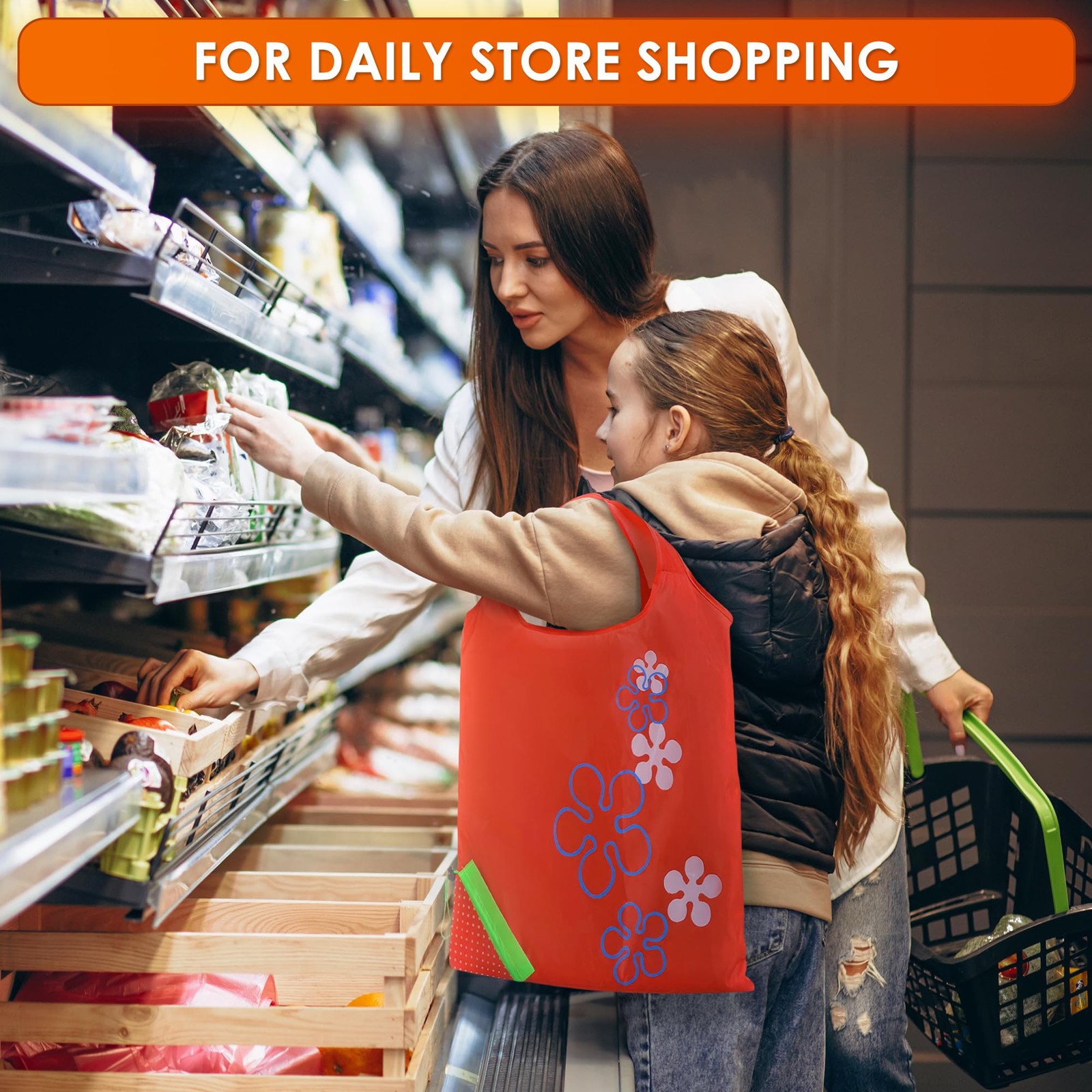 5 PCs Fruit Micro Tote Bag – Reusable Grocery Bags Foldable with 15″x15″ Capa…