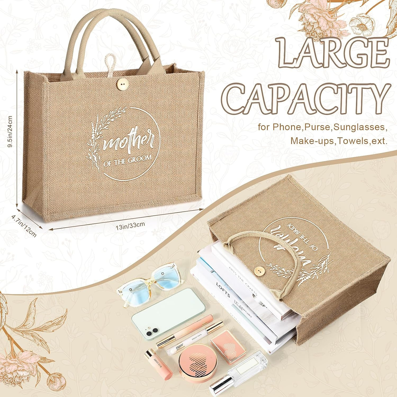 2 Pcs Mother of Bride Groom Bags Wedding Bridal Shower Gifts Burlap Jute Tote Ba