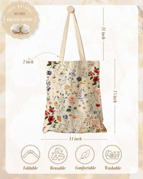 Aesthetic Canvas Tote Bag – Reusable Shoulder Tote Bag for Flowering Shrub